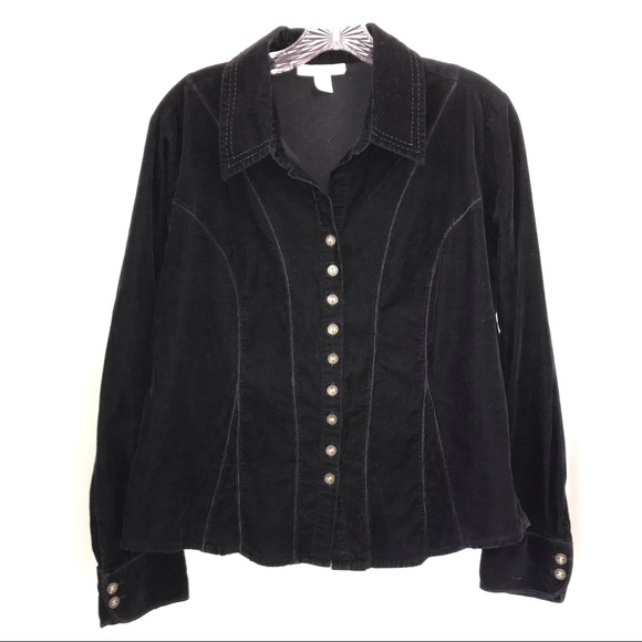 Dressbarn corduroy button down shirt/light jacket, black with brass buttons - Picture 1 of 9